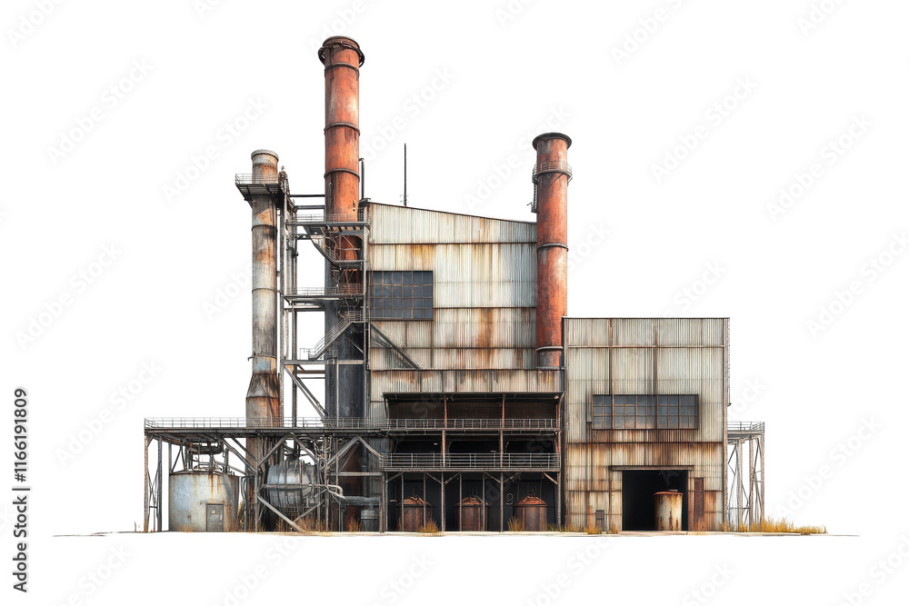 Abandoned industrial building with rusted pipes and weathered exterior in a desolate setting