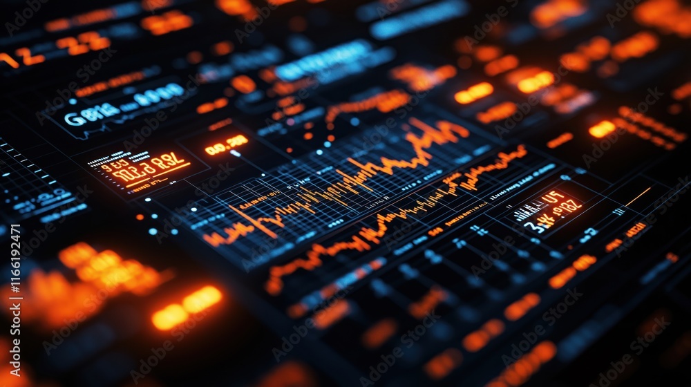 Closeup financial dashboard shows GDP growth rates inflation rates ...