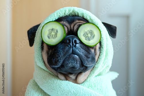 Relaxing pug wrapped in towel with cucumber slices over eyes at home