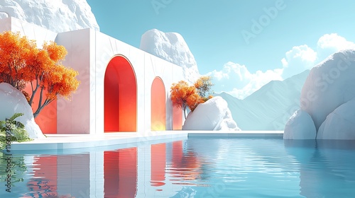 Serene minimalist architectural pool scene with orange trees, white arches, and reflecting water against a mountain backdrop. photo