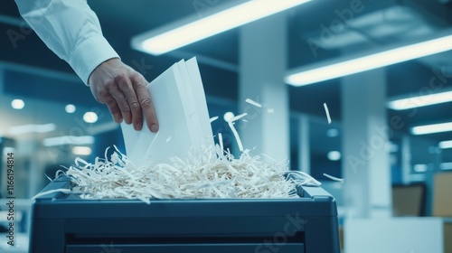 Office Worker Shredding Documents in Modern Office Environment with Shredded Paper Falling from Machine