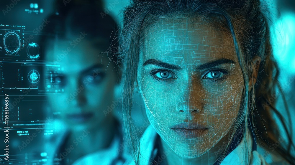 Futuristic portrait with digital overlays and technology. Futuristic portrait with digital overlays and technology.