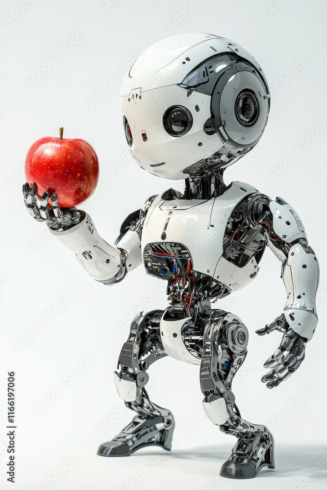 A cute robot on a white background reaches forward with two hands and holds a red apple A cute robot on a white background reaches forward with two hands and holds a red apple