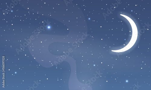 Crescent moon white night starry sky, vector art illustration.