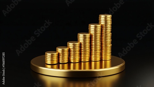 Golden Growth: Ascending stacks of gold coins form an upward trend graph, symbolizing financial success and wealth accumulation.   photo