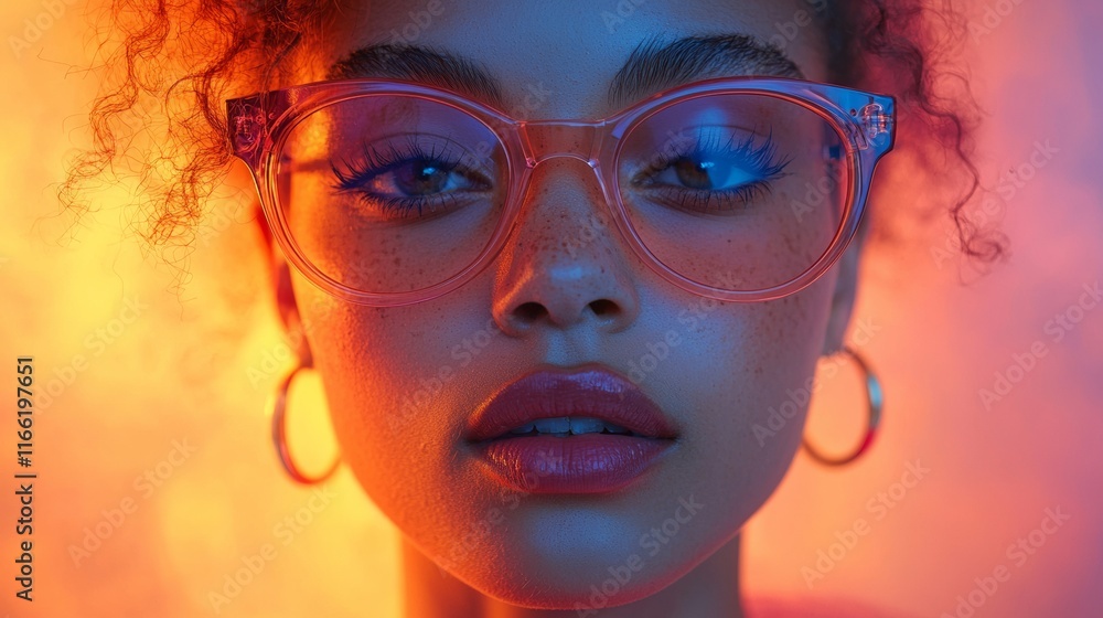 Woman wearing orange-tinted glasses in warm lighting Woman wearing orange-tinted glasses in warm lighting