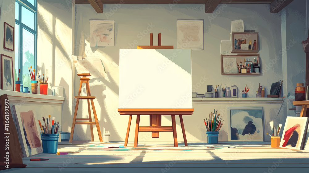 Art studio, artist room with canvas and brushes on easel. Vector parallax background ready for 2d animation with cartoon interior of painter workshop with paints, materials and tools Art studio, artist room with canvas and brushes on easel. Vector parallax background ready for 2d animation with cartoon interior of painter workshop with paints, materials and tools