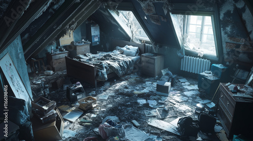 Old dirty girl bedroom on attic. Vector cartoon interior of mansard with broken floor and furniture, mess and trash. Abandoned teenager room with chaos, torn wallpapers, unmade bed photo