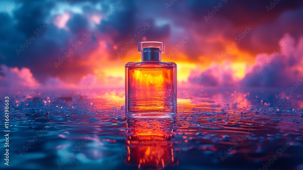 Perfume bottle reflecting vibrant sunset on water Perfume bottle reflecting vibrant sunset on water