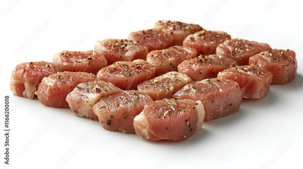 Fresh, seasoned meat cubes arranged for cooking. Fresh, seasoned meat cubes arranged for cooking.