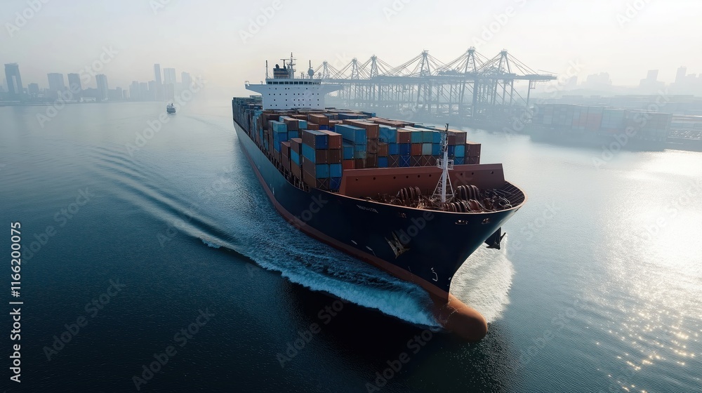 Obraz premium Large container ship navigates through harbor waters. Cargo ship moves smoothly through water. Shipping vessel loaded with cargo containers. City skyline visible in background. Commercial port