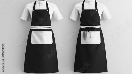 Chef aprons, black and white cook uniform 3d vector mockup. Kitchen or bakery staff bibs or pinafore with front pocket realistic templates. Restaurant, cafe and barbecue party garment isolated design photo