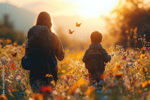 Exploring a vibrant meadow at sunset with a child and parent closely observing nature