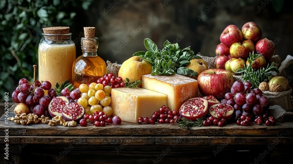 Wine and cheese with fresh fruits in rustic setting Wine and cheese with fresh fruits in rustic setting