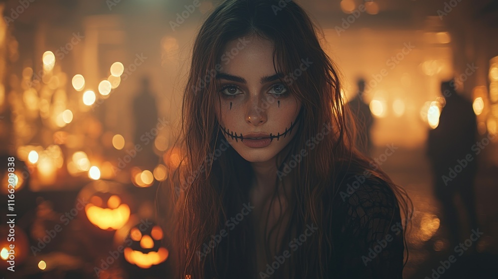 A woman with a spooky makeup look in a Halloween setting. A woman with a spooky makeup look in a Halloween setting.