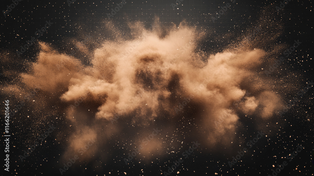 Dust explosion with white rectangle banner. Splashes of brown powder isolated on transparent background. Vector realistic clouds of sand or dry dirt, burst effect with copy space for text Dust explosion with white rectangle banner. Splashes of brown powder isolated on transparent background. Vector realistic clouds of sand or dry dirt, burst effect with copy space for text