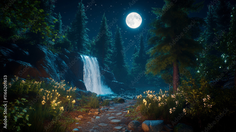 Summer forest with road, trees and cascade waterfall at night. Magic forest panorama, dark woods landscape with waterfall, stones, path, grass and bushes in moonlight, vector cartoon illustration Summer forest with road, trees and cascade waterfall at night. Magic forest panorama, dark woods landscape with waterfall, stones, path, grass and bushes in moonlight, vector cartoon illustration