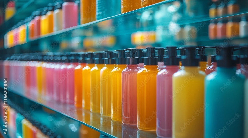Row of vibrant juice bottles in a grocery store Row of vibrant juice bottles in a grocery store