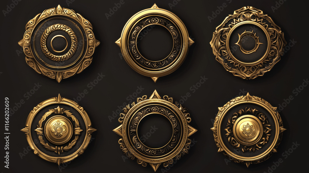 Golden game buttons, achievement badges with fantasy frames. Vector set of golden icons in medieval style, circle award labels with decorative borders isolated on background