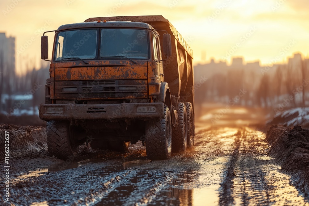 Powerful construction truck moves on muddy road at sunset. Heavy machinery drives through puddles on unpaved track. Orange truck carries large load. Urban construction project visible in background. Powerful construction truck moves on muddy road at sunset. Heavy machinery drives through puddles on unpaved track. Orange truck carries large load. Urban construction project visible in background.