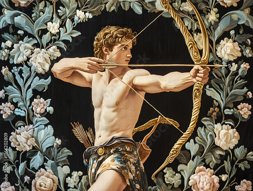 Archer aiming with bow amidst floral tapestry in vibrant colors photo