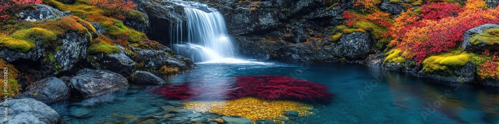 Obraz premium Breathtaking Autumn Waterfall Landscape with Vibrant Red Yellow Foliage and Crystal Clear Blue Water in Tranquil Scenic Nature Setting with Mossy Rocks