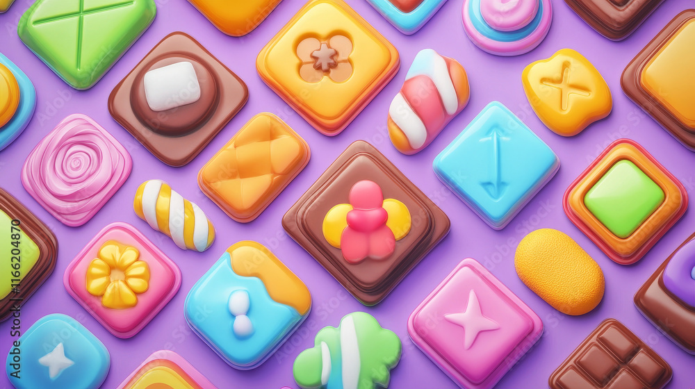 Glossy game buttons, boards and bars with candy and chocolate texture. Vector cartoon set of sweet game ui elements, menu, play, score buttons, check and cross marks, sliders Glossy game buttons, boards and bars with candy and chocolate texture. Vector cartoon set of sweet game ui elements, menu, play, score buttons, check and cross marks, sliders