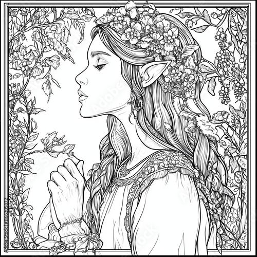 Portrait Mystical Elf Maiden Enchanted Coloring