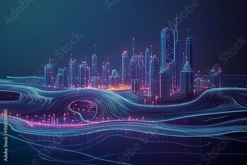 Conceptual Smart City with Glowing Dots and Gradient Lines Representing Big Data Flow