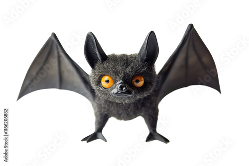 Cute black bat figurine with bright orange eyes showcasing a playful pose indoors under soft lighting photo