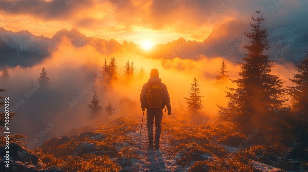 Obraz premium A man with a colorful backpack walks steadily through the mountains