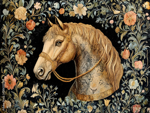 Elegant horse head tapestry showcasing floral design with intricate details photo