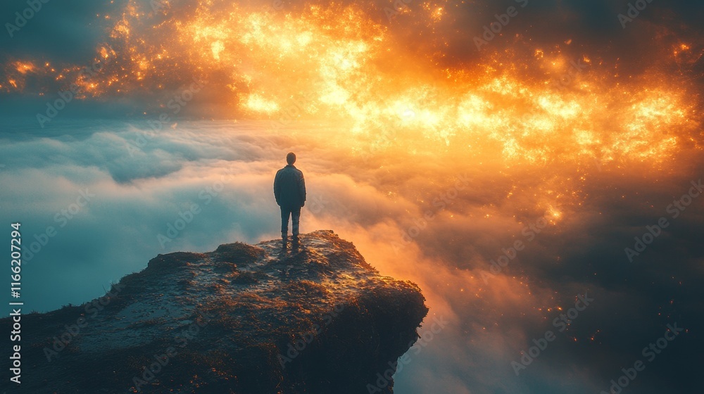 Fototapeta premium A man standing on a mountain surrounded by drifting clouds