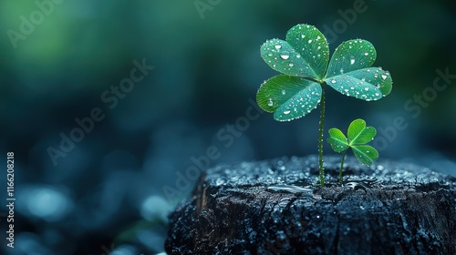 Two small clover plants sprout from a wet tree stump, glistening with raindrops against a blurred background.