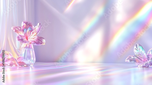 Iridescent light illuminates a minimalist scene with two crystal flowers in glass vases on a reflective surface.