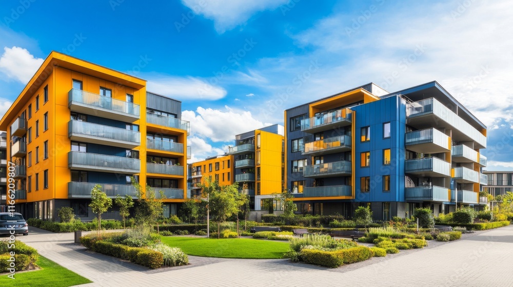 Fototapeta premium Vibrant Rooftop Gardens with Colorful Building Exteriors