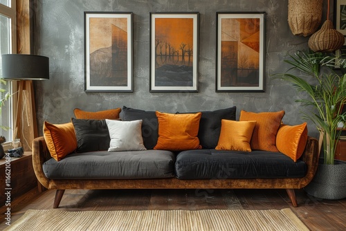 Minimalist Living Room with Black Sofa and Geometric Wall Art in Scandinavian Style

