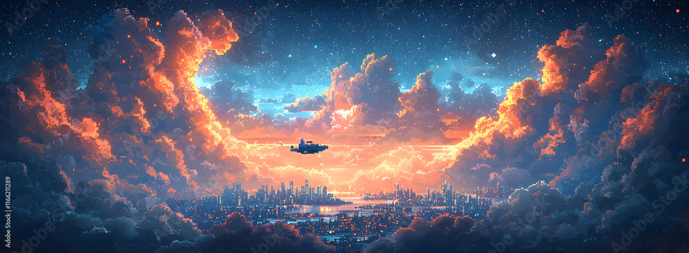 A colorful sky with a city in the background A colorful sky with a city in the background