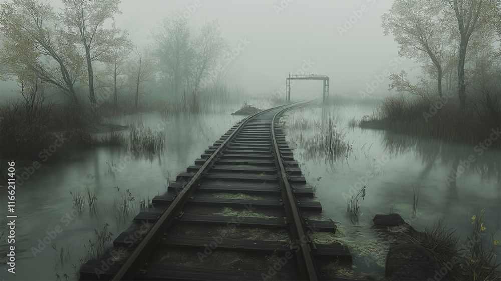 Naklejka premium 霧深い沼地を貫く線路、静かで幻想的な光景