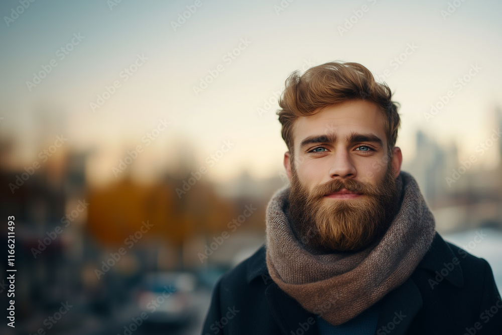 Hipster man with stylish beard and scarf stands outdoors, exuding confidence and warmth. Hipster man with stylish beard and scarf stands outdoors, exuding confidence and warmth.