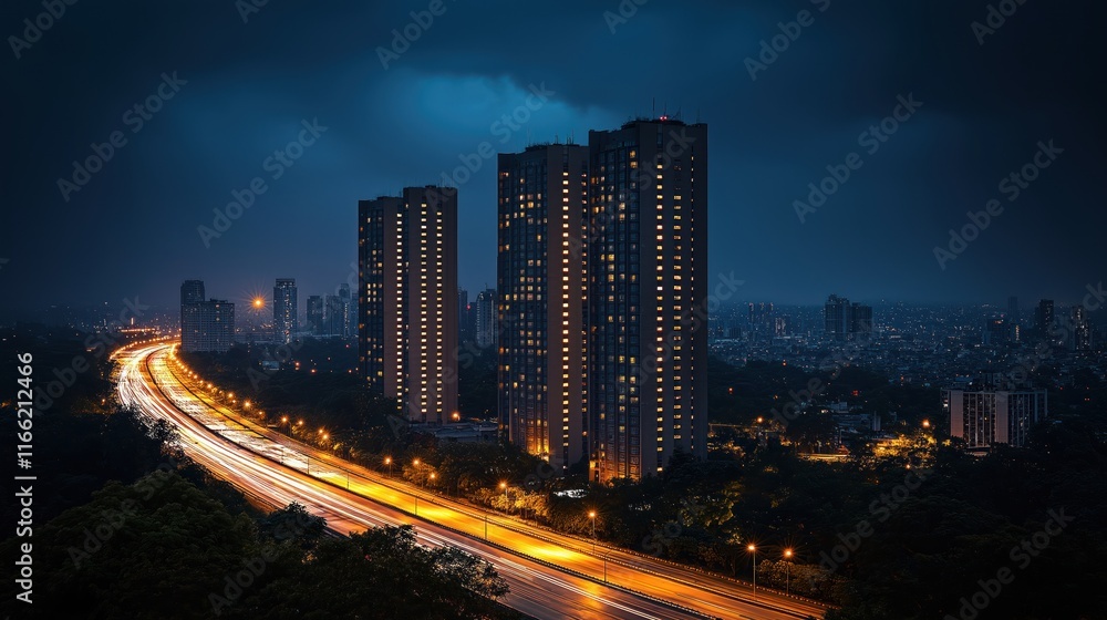 Fototapeta premium Bangalore city lights up at night. High rise buildings, city streets glow. Highway traffic lights blur in motion. Trees, park areas around city. Urban landscape. Cityscape at twilight. Night time
