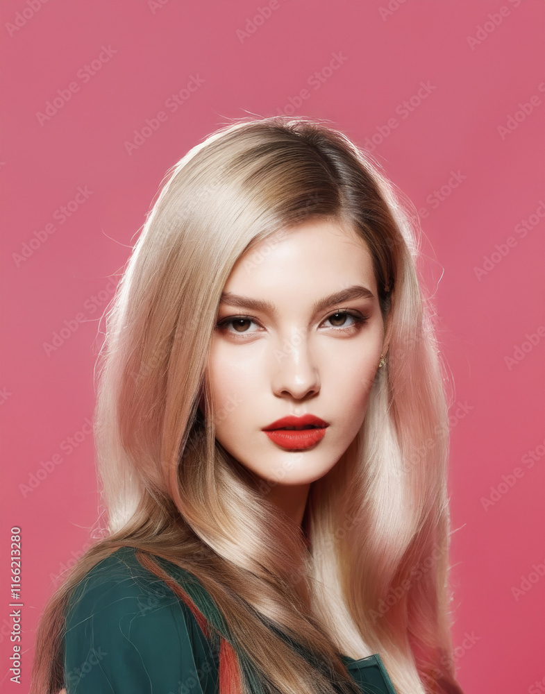 Woman beauty portrait : bright makeup, shining blond hair, contrasty studio light. Vibrant look for fashion, editorial, artistic content. Woman beauty portrait : bright makeup, shining blond hair, contrasty studio light. Vibrant look for fashion, editorial, artistic content.