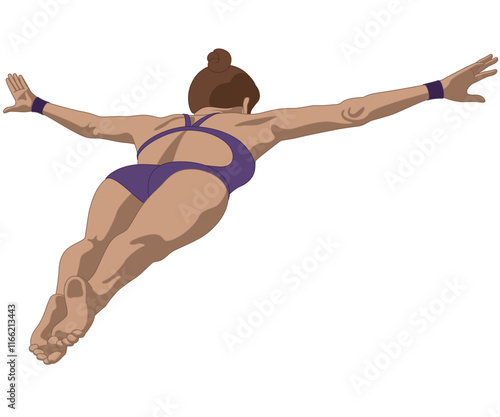 cliff diving or jumping, female diver arms outstretched in mid leap isolated on a white background