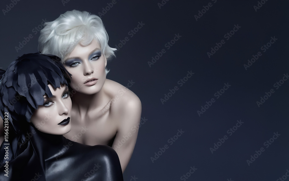 Painted skin vs naked. Black vs white. Feather headpiece vs shining hair. Creative makeup showcasing duplexity, ambivalence. Painted skin vs naked. Black vs white. Feather headpiece vs shining hair. Creative makeup showcasing duplexity, ambivalence.