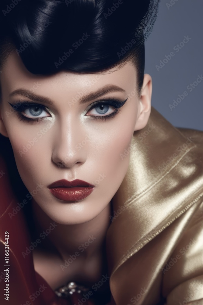 Fototapeta premium Woman beauty portrait : party makeup with glittering skin tones and attire, colorful eyes and lips. contrasty studio light.