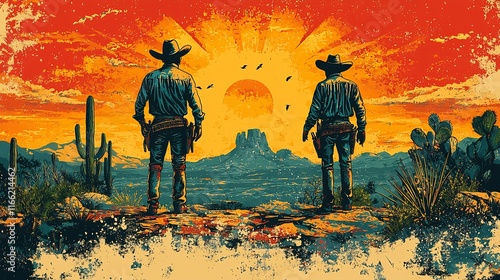 Cowboy and a Mexican vaquero standing side by side highlighting the cultural diffusion of the American cowboy image which was adapted from the Mexican vaquero