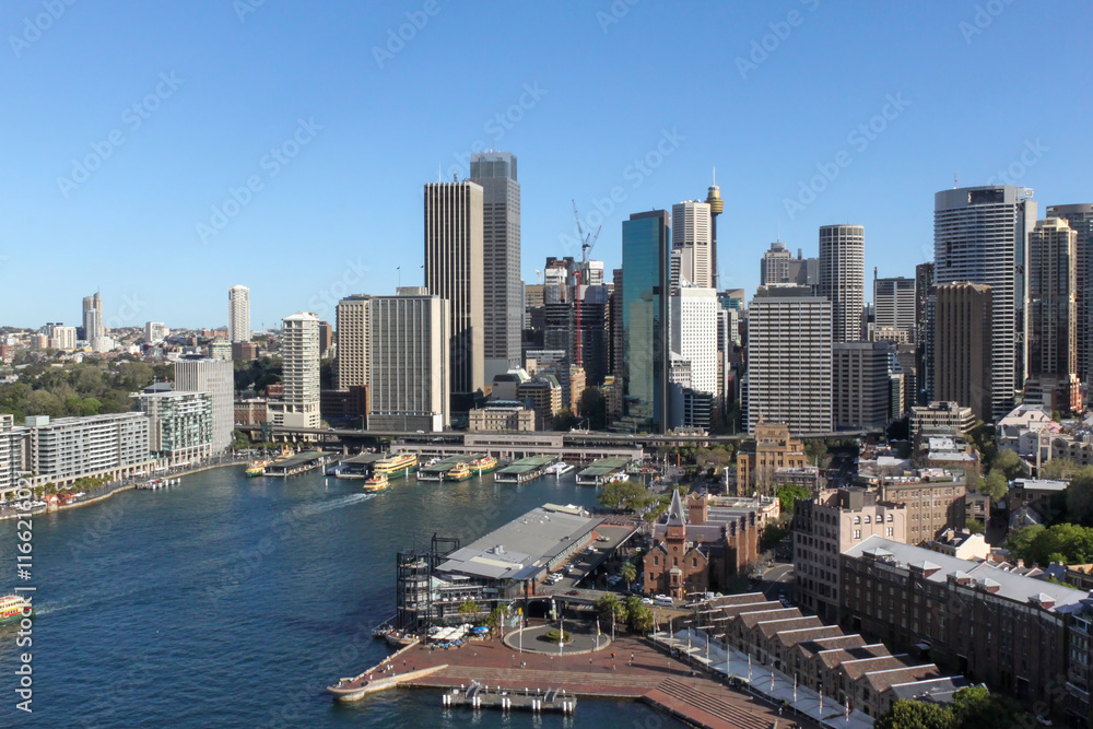 Sydney, Australia - September 2010. City Skyline at Circular Quay, Sydney, Australia. View from the Pylon Lookout located the southern eastern end of the Sydney Harbour Bridge. Sydney, Australia - September 2010. City Skyline at Circular Quay, Sydney, Australia. View from the Pylon Lookout located the southern eastern end of the Sydney Harbour Bridge.