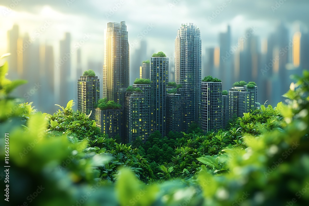 Obraz premium Sustainable Cityscape: Modern Towers Nestled in Lush Greenery