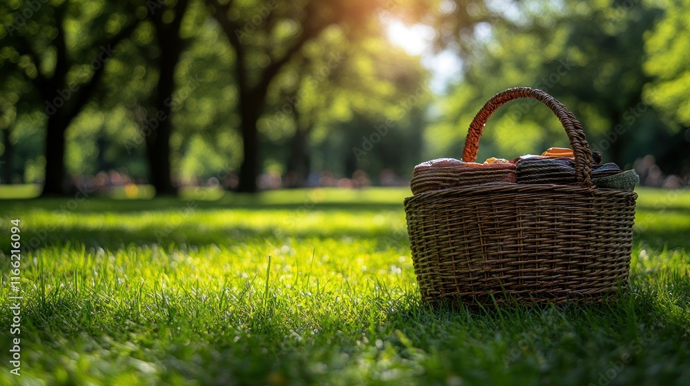 A picnic basket on grass in a sunlit park. A picnic basket on grass in a sunlit park.