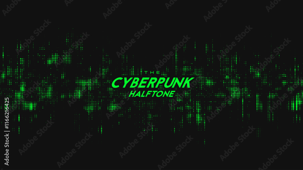 Fototapeta premium Abstract vector green cyberpunk halftone sound wave. Scrathed dotted texture element.